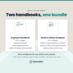 What's in the bundle: the Employee Handbook (41 to 47 pages, workplace policies, acknowledgement form, conflict of interest disclosure form) and the Health and Safety Handbook (28 to 29 pages, written to each jurisdiction's OHS law, hazard, incident and inspection forms, working-alone check-in log).