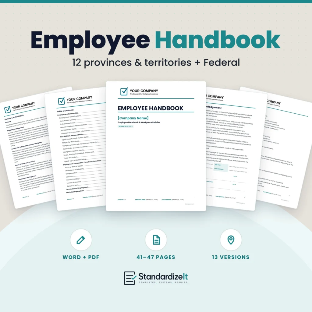 Standardize It Employee Handbook template: the handbook cover in front, with real inside pages fanned behind it (table of contents, remote and hybrid work policy, employee acknowledgement form and speak-up policy), and the text Employee Handbook, 12 provinces & territories + Federal, Word + PDF, 41–47 pages, 13 versions