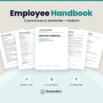 Standardize It Employee Handbook template: the handbook cover in front, with real inside pages fanned behind it (table of contents, remote and hybrid work policy, employee acknowledgement form and speak-up policy), and the text Employee Handbook, 12 provinces & territories + Federal, Word + PDF, 41–47 pages, 13 versions
