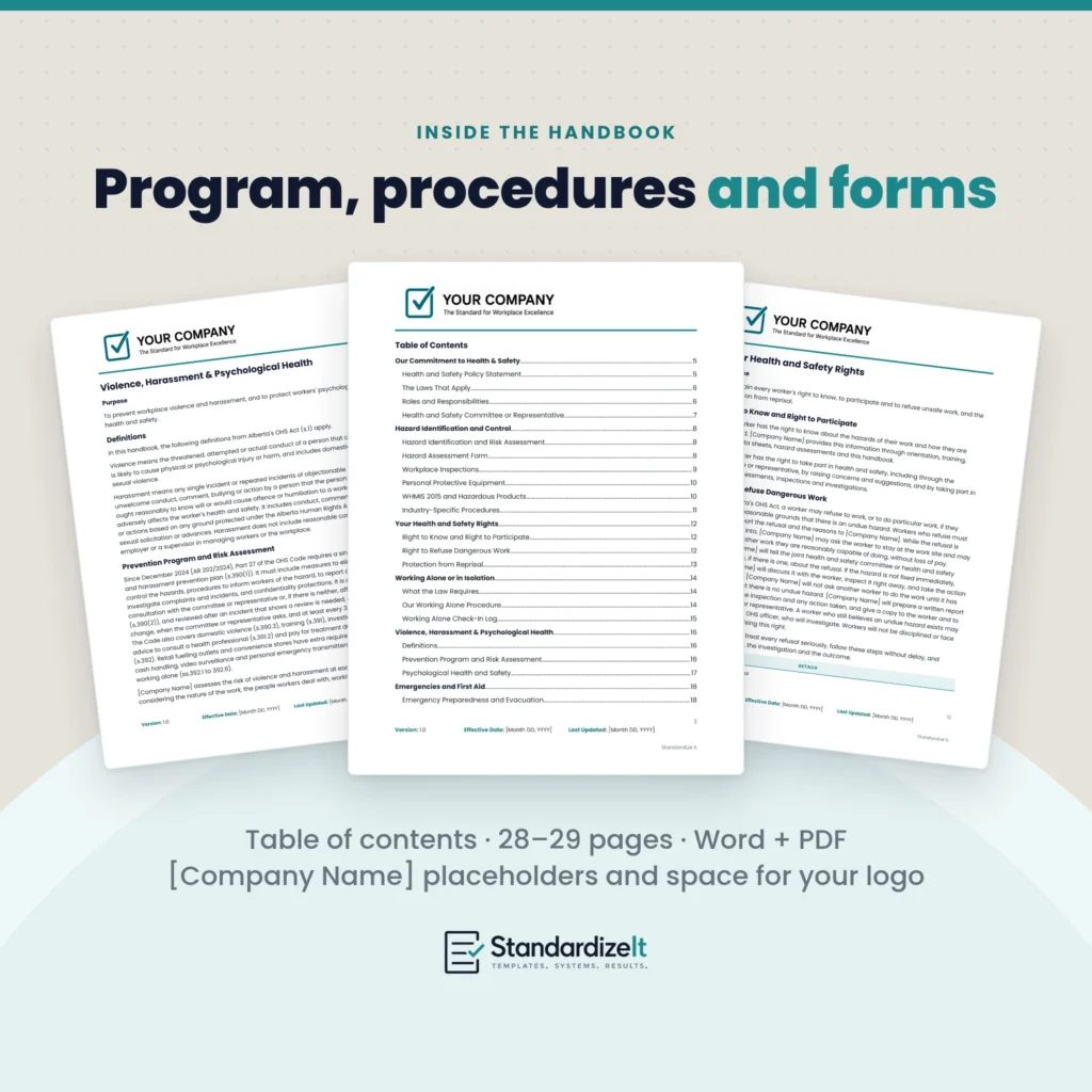 Inside the Health and Safety Handbook template: table of contents with violence, harassment and psychological health, and health and safety rights pages, 28–29 pages in Word and PDF