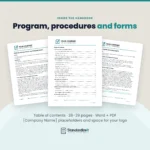 Inside the Health and Safety Handbook template: table of contents with violence, harassment and psychological health, and health and safety rights pages, 28–29 pages in Word and PDF