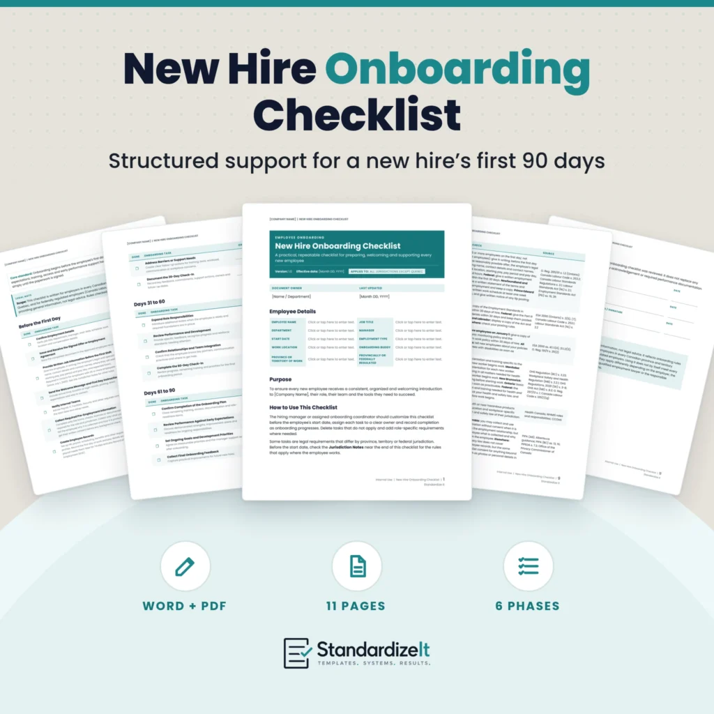 Standardize It New Hire Onboarding Checklist template: the first page with employee details in front, with the Before the First Day, Days 31 to 90, Jurisdiction Notes and acknowledgement pages fanned behind it, and the text Structured support for a new hire’s first 90 days, Word + PDF, 11 pages, 6 phases