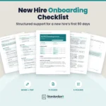 Standardize It New Hire Onboarding Checklist template: the first page with employee details in front, with the Before the First Day, Days 31 to 90, Jurisdiction Notes and acknowledgement pages fanned behind it, and the text Structured support for a new hire’s first 90 days, Word + PDF, 11 pages, 6 phases