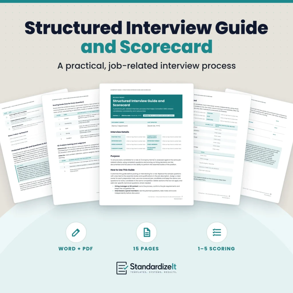 Standardize It Structured Interview Guide and Scorecard template: the first page in front, with the preparation checklist, scoring scale, candidate scorecard and acknowledgement pages fanned behind it, and the text A practical, job-related interview process, Word + PDF, 15 pages, 1–5 scoring
