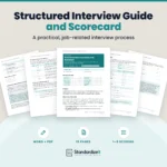 Standardize It Structured Interview Guide and Scorecard template: the first page in front, with the preparation checklist, scoring scale, candidate scorecard and acknowledgement pages fanned behind it, and the text A practical, job-related interview process, Word + PDF, 15 pages, 1–5 scoring