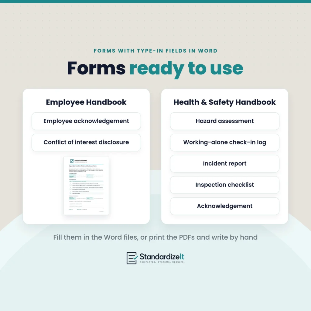 Forms in both handbooks, with type-in fields in Word. Employee Handbook: employee acknowledgement and conflict of interest disclosure form. Health and Safety Handbook: hazard assessment, working-alone check-in log, incident report, inspection checklist and acknowledgement. Fill them in the Word files, or print the PDFs and write by hand.