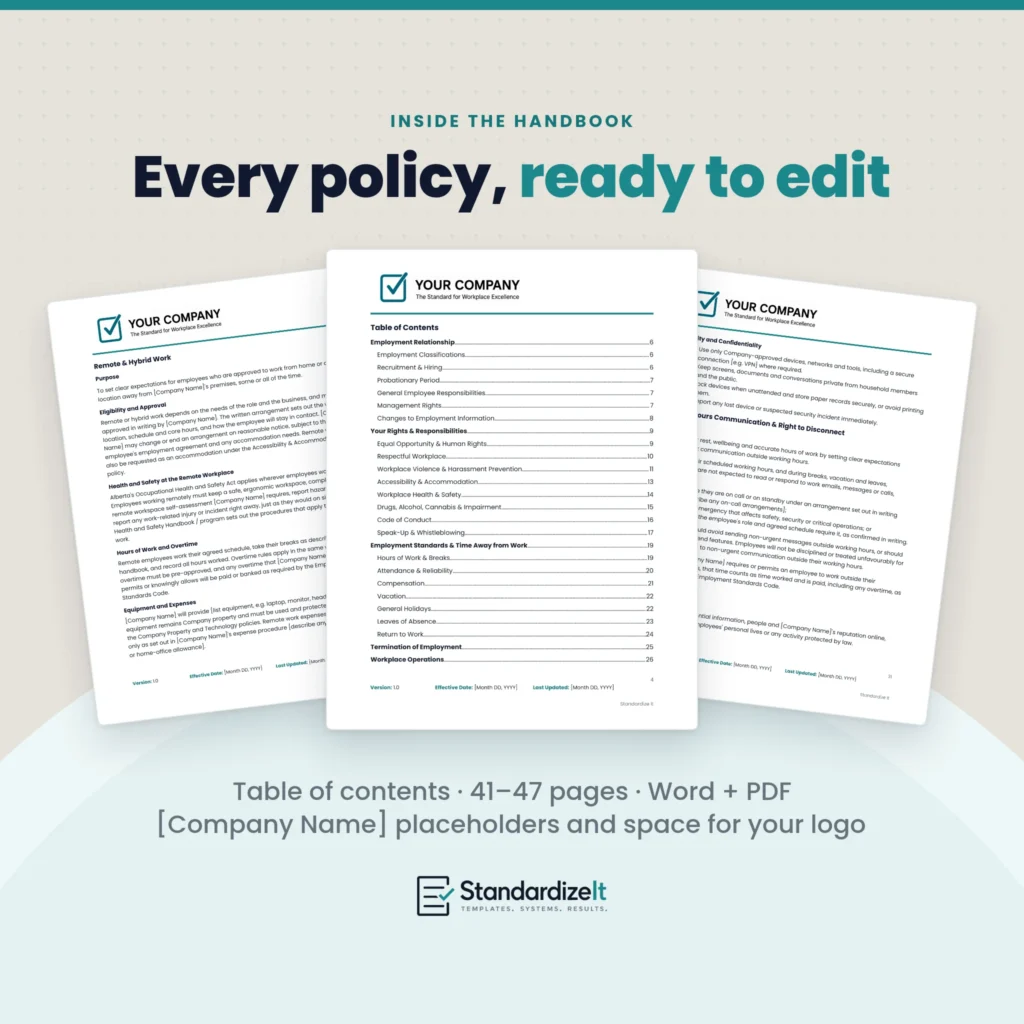 Inside the Employee Handbook template: table of contents with remote and hybrid work and after-hours communication policy pages, editable in Word and PDF