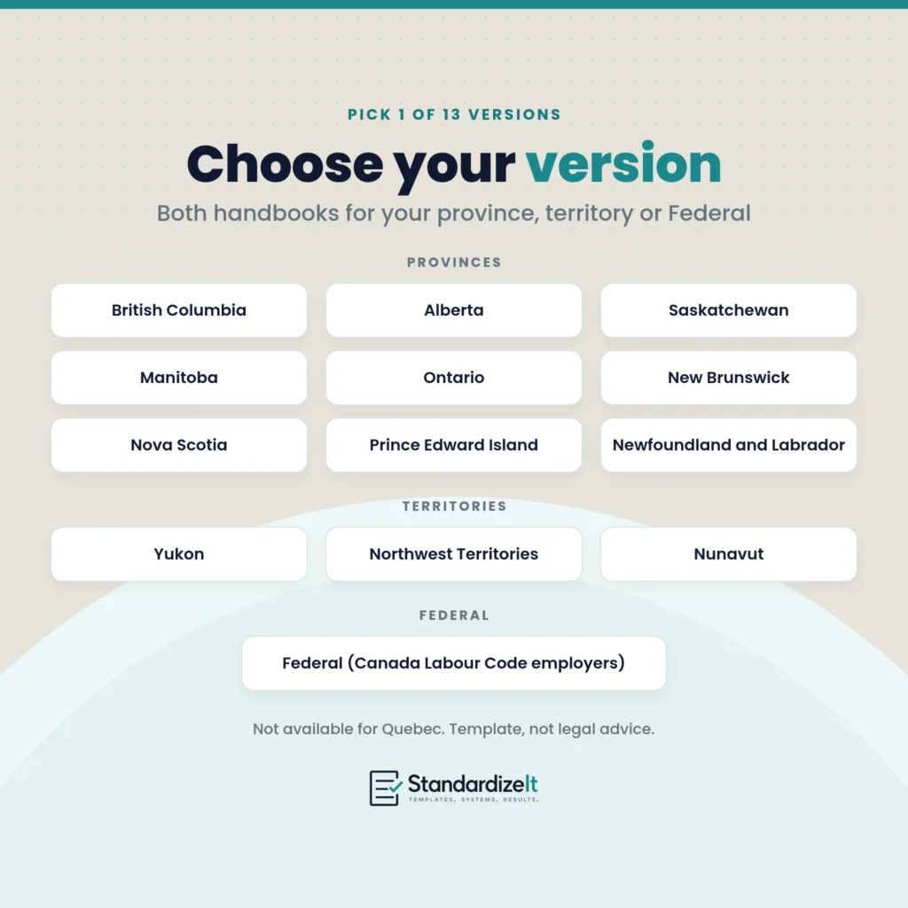 Choose your version: pick 1 of 13 and get both handbooks for your province, territory or Federal. British Columbia, Alberta, Saskatchewan, Manitoba, Ontario, New Brunswick, Nova Scotia, Prince Edward Island, Newfoundland and Labrador, Yukon, Northwest Territories, Nunavut, or Federal (Canada Labour Code employers). Not available for Quebec. Template, not legal advice.