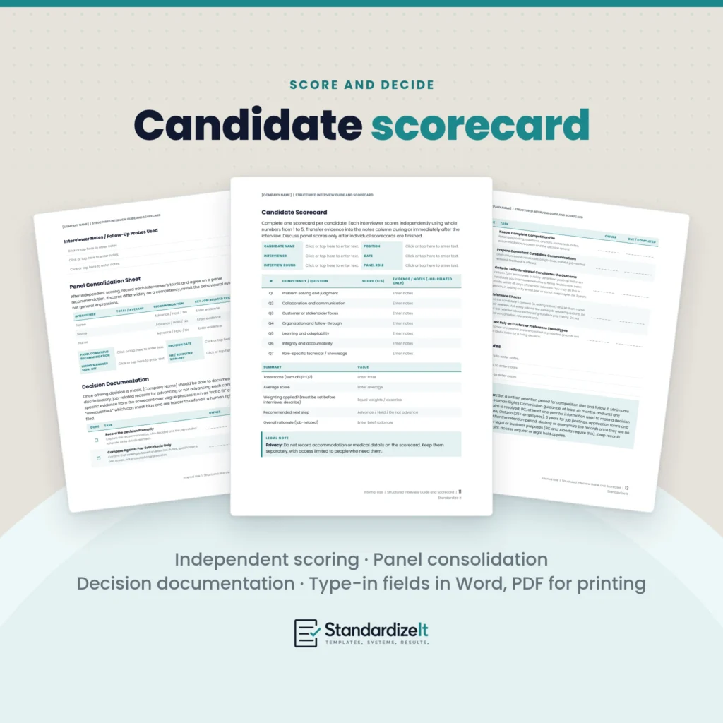 Candidate scorecard page with candidate, interviewer and round fields, scores and evidence notes for Q1 to Q7, and a summary, in front of the panel consolidation and decision documentation pages. Independent scoring, panel consolidation, decision documentation; type-in fields in Word, PDF for printing.