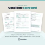 Candidate scorecard page with candidate, interviewer and round fields, scores and evidence notes for Q1 to Q7, and a summary, in front of the panel consolidation and decision documentation pages. Independent scoring, panel consolidation, decision documentation; type-in fields in Word, PDF for printing.
