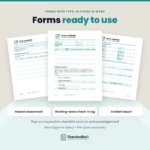 Forms in the Health and Safety Handbook: hazard assessment form, working-alone check-in log and incident report form, plus a workplace inspection checklist and an acknowledgement. Type-in fields in the Word file; the PDF is for printing and writing by hand.