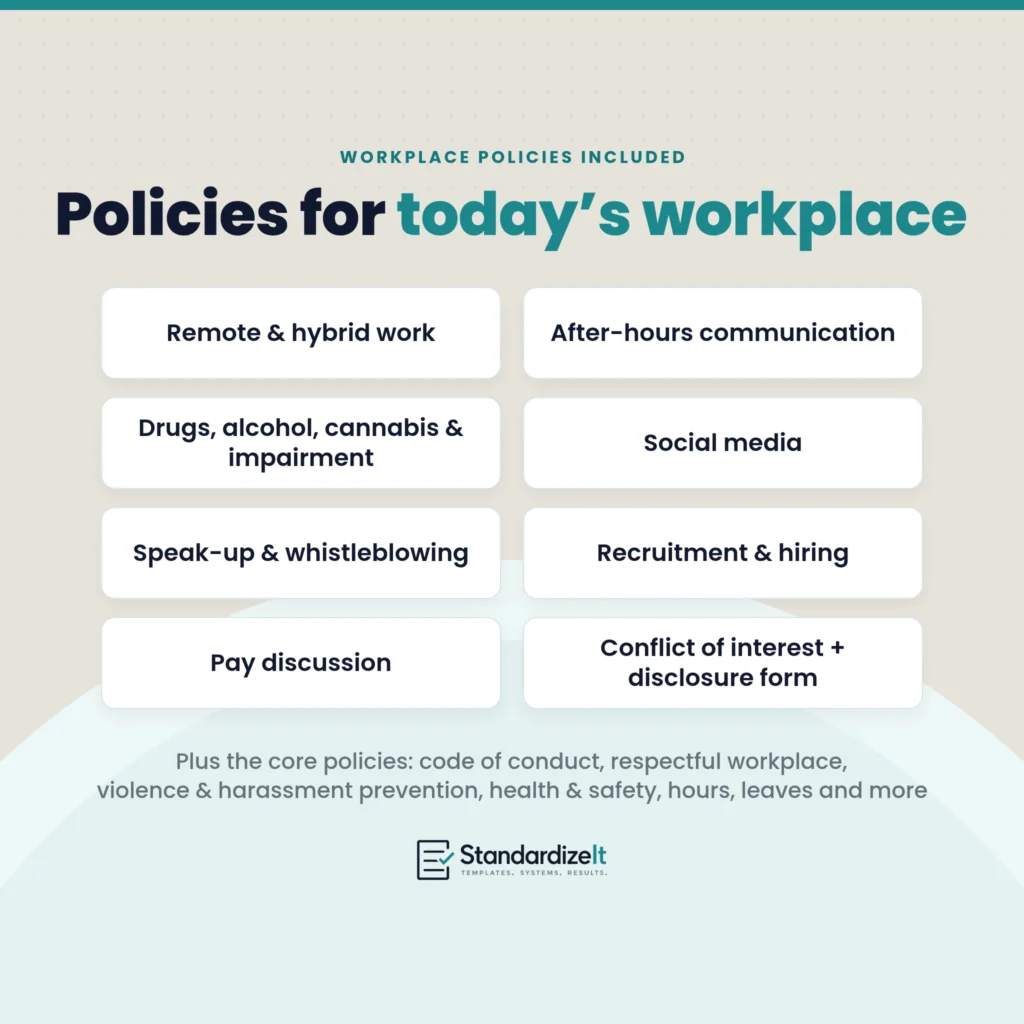 Workplace policies in the Employee Handbook: remote and hybrid work, after-hours communication, drugs, alcohol, cannabis and impairment, social media, speak-up and whistleblowing, recruitment and hiring, pay discussion, and conflict of interest with a disclosure form