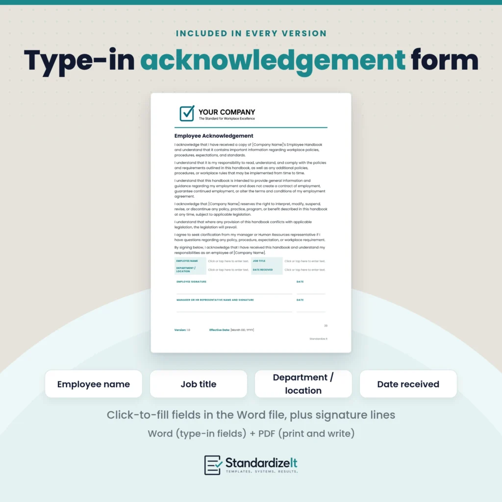 Employee acknowledgement form page with employee name, job title, department/location and date received fields, plus signature lines. Type-in fields in the Word file; the PDF is for printing and signing by hand.