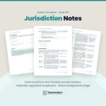 Jurisdiction Notes page with rows for tax forms (TD1), social insurance number, and payroll and ROE, between the acknowledgement page with employee, manager and HR signature and date lines and a second Jurisdiction Notes page on written job information, employment standards information, health and safety orientation, WHMIS and privacy. For every province and territory except Quebec, and federally regulated employers