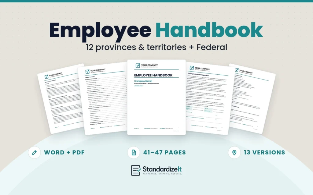Standardize It Employee Handbook template: the handbook cover in front, with real inside pages fanned behind it (table of contents, remote and hybrid work policy, employee acknowledgement form and speak-up policy), and the text Employee Handbook, 12 provinces & territories + Federal, Word + PDF, 41–47 pages, 13 versions