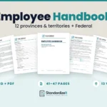 Standardize It Employee Handbook template: the handbook cover in front, with real inside pages fanned behind it (table of contents, remote and hybrid work policy, employee acknowledgement form and speak-up policy), and the text Employee Handbook, 12 provinces & territories + Federal, Word + PDF, 41–47 pages, 13 versions