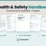 Standardize It Health and Safety Handbook template: the handbook cover in front, with real inside pages fanned behind it (table of contents, health and safety rights, hazard assessment form and incident report form), and the text Health & Safety Handbook, 12 provinces & territories + Federal, Word + PDF, 28 to 29 pages, type-in fields.