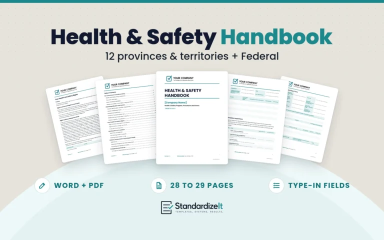 Standardize It Health and Safety Handbook template: the handbook cover in front, with real inside pages fanned behind it (table of contents, health and safety rights, hazard assessment form and incident report form), and the text Health & Safety Handbook, 12 provinces & territories + Federal, Word + PDF, 28 to 29 pages, type-in fields.