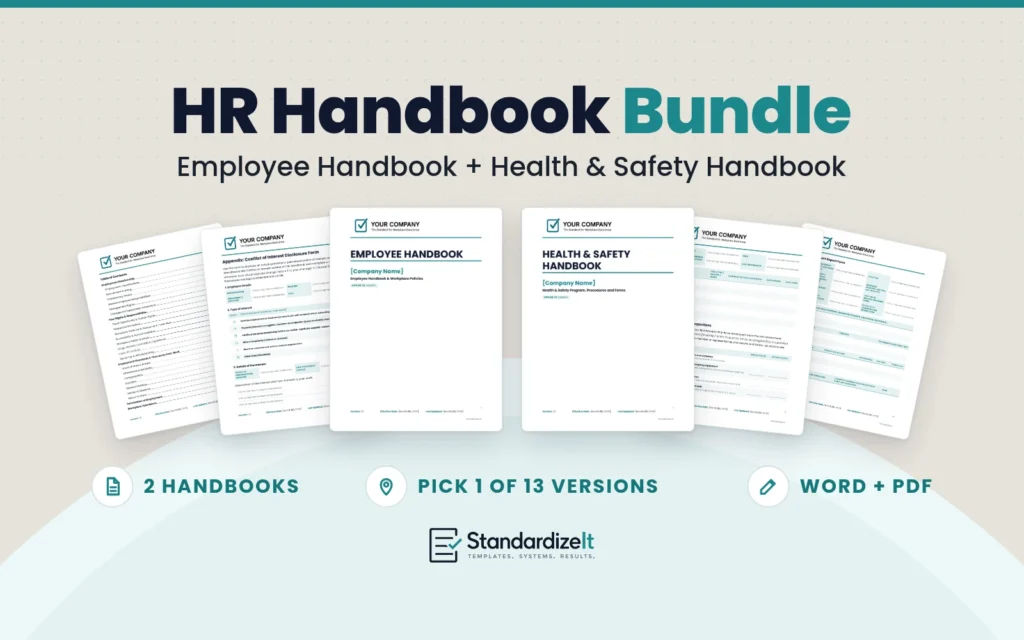 HR Handbook Bundle: the Employee Handbook and Health and Safety Handbook covers side by side, with inside pages fanned behind each, including a table of contents, a conflict of interest disclosure form, a hazard assessment form and an incident report. 2 handbooks, pick 1 of 13 versions, Word + PDF.