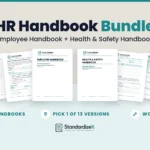 HR Handbook Bundle: the Employee Handbook and Health and Safety Handbook covers side by side, with inside pages fanned behind each, including a table of contents, a conflict of interest disclosure form, a hazard assessment form and an incident report. 2 handbooks, pick 1 of 13 versions, Word + PDF.