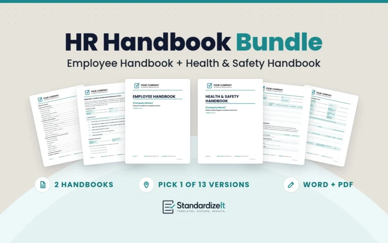 HR Handbook Bundle: the Employee Handbook and Health and Safety Handbook covers side by side, with inside pages fanned behind each, including a table of contents, a conflict of interest disclosure form, a hazard assessment form and an incident report. 2 handbooks, pick 1 of 13 versions, Word + PDF.