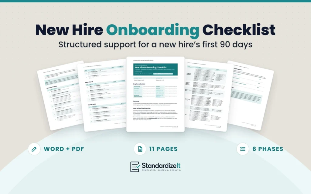 Standardize It New Hire Onboarding Checklist template: the first page with employee details in front, with the Before the First Day, Days 31 to 90, Jurisdiction Notes and acknowledgement pages fanned behind it, and the text Structured support for a new hire’s first 90 days, Word + PDF, 11 pages, 6 phases