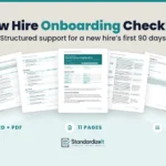 Standardize It New Hire Onboarding Checklist template: the first page with employee details in front, with the Before the First Day, Days 31 to 90, Jurisdiction Notes and acknowledgement pages fanned behind it, and the text Structured support for a new hire’s first 90 days, Word + PDF, 11 pages, 6 phases