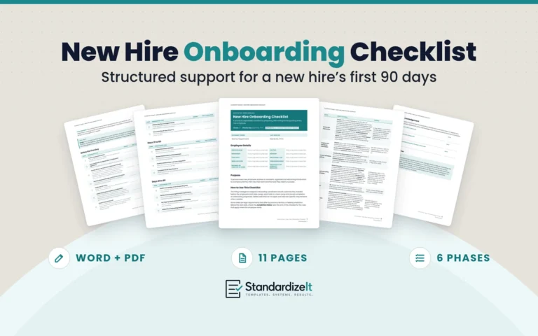 Standardize It New Hire Onboarding Checklist template: the first page with employee details in front, with the Before the First Day, Days 31 to 90, Jurisdiction Notes and acknowledgement pages fanned behind it, and the text Structured support for a new hire’s first 90 days, Word + PDF, 11 pages, 6 phases