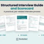 Standardize It Structured Interview Guide and Scorecard template: the first page in front, with the preparation checklist, scoring scale, candidate scorecard and acknowledgement pages fanned behind it, and the text A practical, job-related interview process, Word + PDF, 15 pages, 1–5 scoring