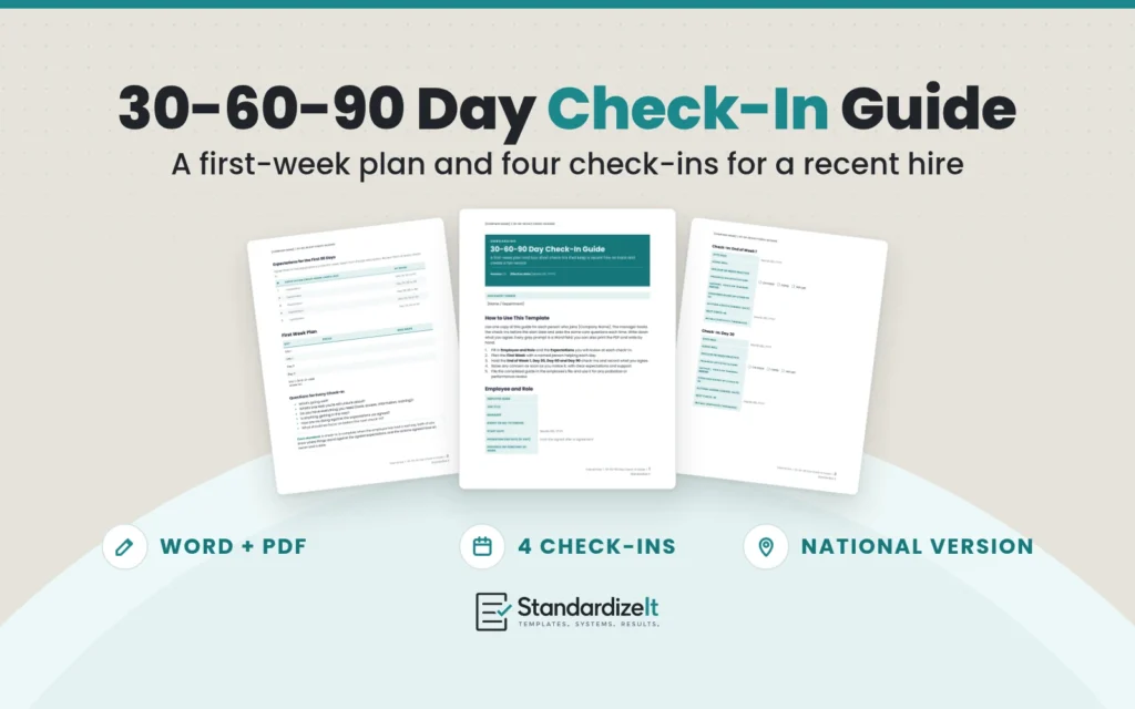 30-60-90 Day Check-In Guide template by Standardize It: the first page in front of the first week plan and the week 1 and day 30 check-in records. Word + PDF, 4 check-ins, national version.