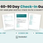 30-60-90 Day Check-In Guide template by Standardize It: the first page in front of the first week plan and the week 1 and day 30 check-in records. Word + PDF, 4 check-ins, national version.