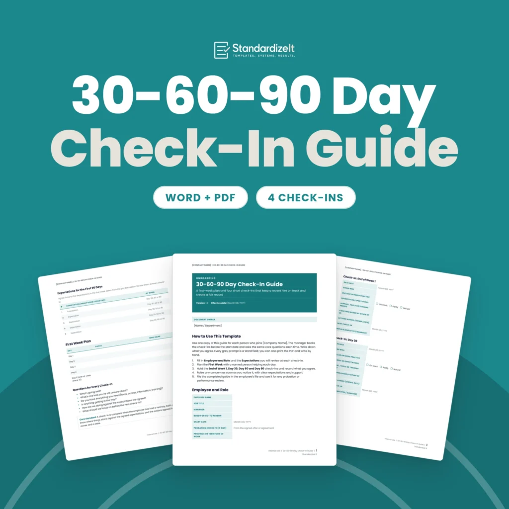 30-60-90 Day Check-In Guide template by Standardize It: the first page in front of the first week plan and the week 1 and day 30 check-in records. Word + PDF, 4 check-ins.