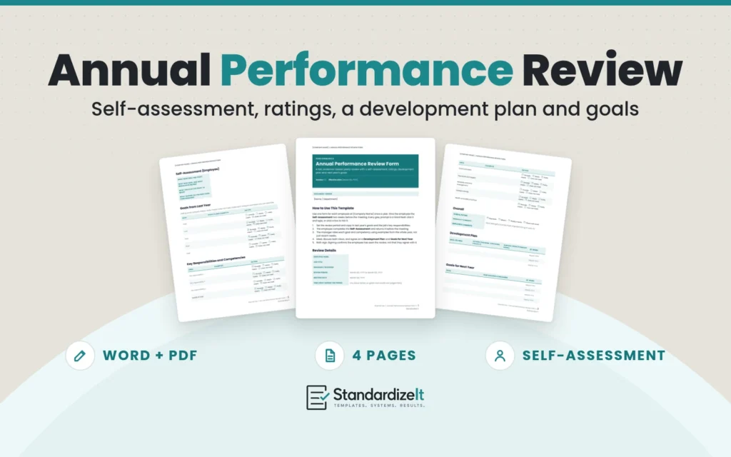 Annual Performance Review Form template by Standardize It: the first page in front of the self-assessment and the development plan pages. Word + PDF, 4 pages, self-assessment.