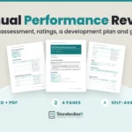 Annual Performance Review Form template by Standardize It: the first page in front of the self-assessment and the development plan pages. Word + PDF, 4 pages, self-assessment.