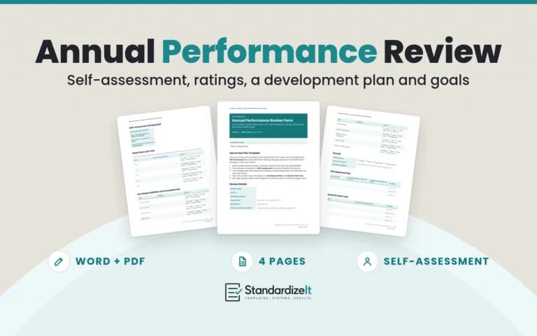 Annual Performance Review Form template by Standardize It: the first page in front of the self-assessment and the development plan pages. Word + PDF, 4 pages, self-assessment.