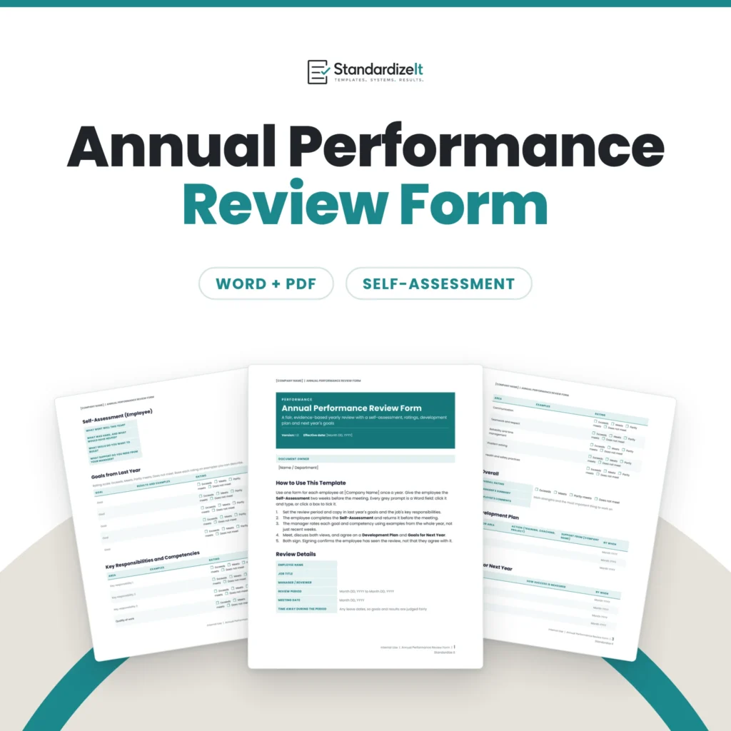Annual Performance Review Form template by Standardize It: the first page in front of the self-assessment and the development plan pages. Word + PDF, self-assessment.