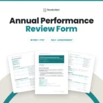 Annual Performance Review Form template by Standardize It: the first page in front of the self-assessment and the development plan pages. Word + PDF, self-assessment.
