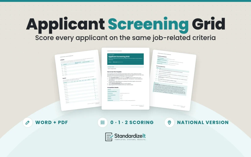 Applicant Screening Grid template by Standardize It: the first page in front of the criteria and scoring grid page and the shortlist and fair screening checklist page. Word + PDF, 0 to 2 scoring, national version.