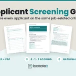 Applicant Screening Grid template by Standardize It: the first page in front of the criteria and scoring grid page and the shortlist and fair screening checklist page. Word + PDF, 0 to 2 scoring, national version.