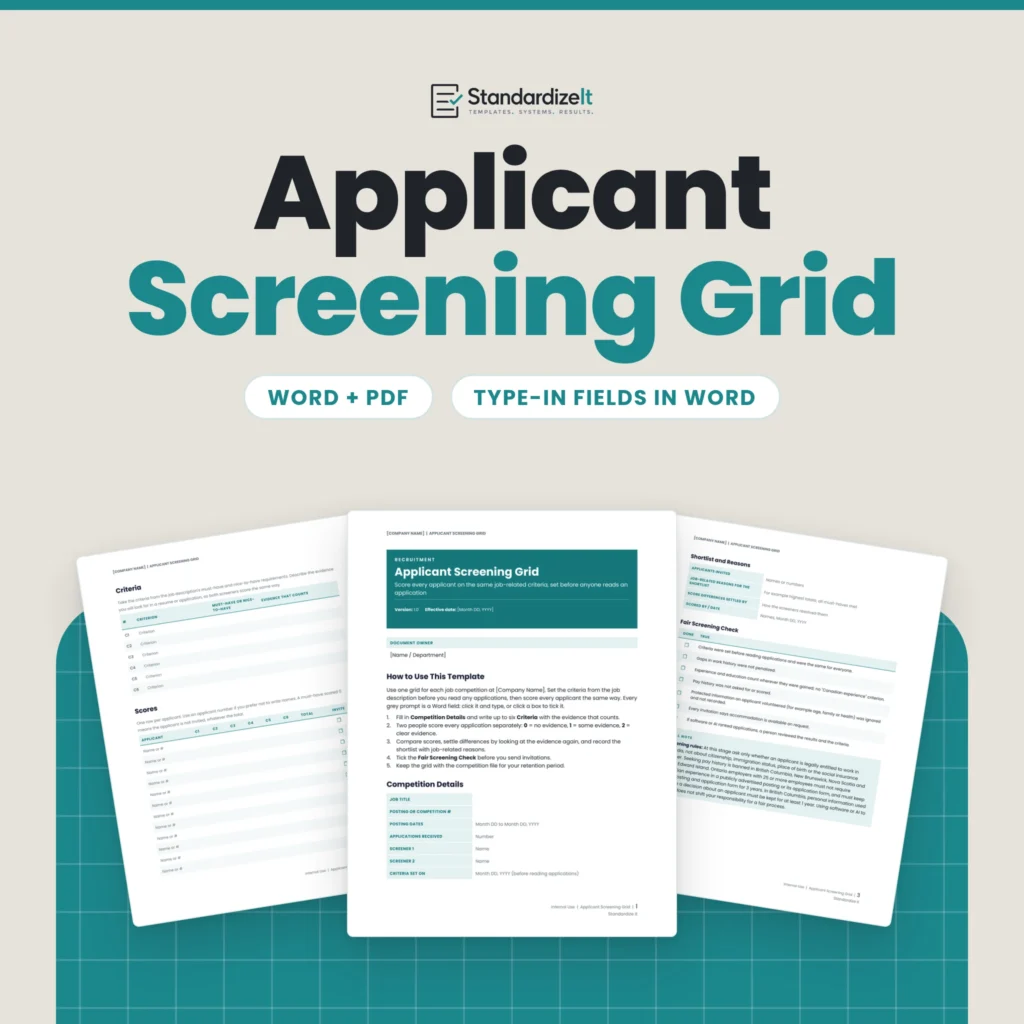 Applicant Screening Grid template by Standardize It: the first page in front of the criteria and scoring grid page and the shortlist and fair screening checklist page. Word + PDF, type-in fields in Word.