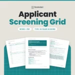 Applicant Screening Grid template by Standardize It: the first page in front of the criteria and scoring grid page and the shortlist and fair screening checklist page. Word + PDF, type-in fields in Word.