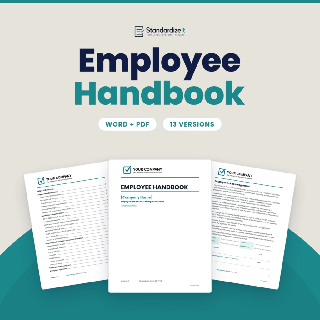 Employee Handbook template by Standardize It: the handbook cover in front of the table of contents and the acknowledgement form. Word + PDF, 13 versions.