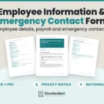 Employee Information and Emergency Contact Form template by Standardize It: the first page with the privacy notice in front of the personal, job and payroll details page and the emergency contacts page. Word + PDF, privacy notice, national version.