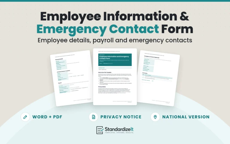 Employee Information and Emergency Contact Form template by Standardize It: the first page with the privacy notice in front of the personal, job and payroll details page and the emergency contacts page. Word + PDF, privacy notice, national version.