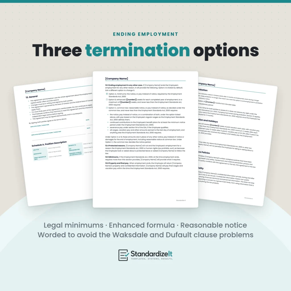 The Employment Agreement's ending employment section, with Option A, the legal minimums, ticked by default and two other options to choose instead: an enhanced formula or reasonable notice at common law, worded to avoid the clause problems in the Waksdale and Dufault decisions.