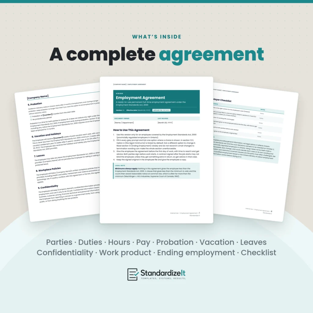 What's inside the Employment Agreement: parties, duties, hours, pay, probation, vacation, leaves, confidentiality, work product, ending employment and an employer checklist.