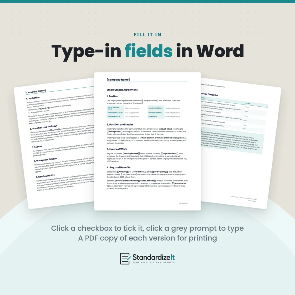 The Employment Agreement has type-in fields in Word: click a checkbox to tick it and click a grey prompt to type, with a PDF copy of each version for printing.