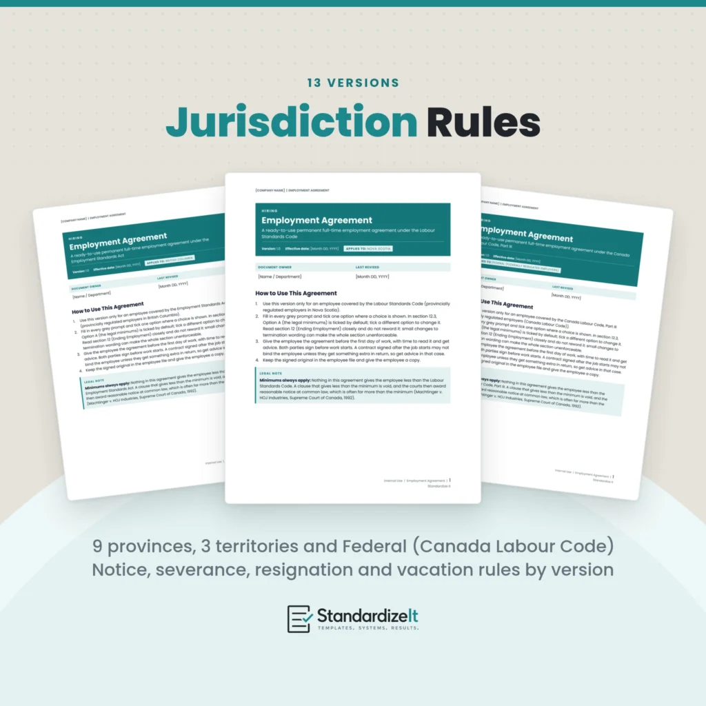 Employment Agreement first pages for British Columbia, Nova Scotia and Federal: 13 versions for 9 provinces, 3 territories and Federal (Canada Labour Code), with each version's notice, severance, resignation and vacation rules.