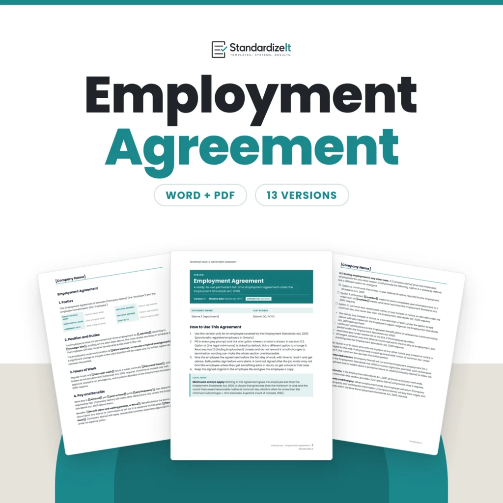 Employment Agreement template by Standardize It: the first page with the how-to-use steps in front of the parties, duties, hours and pay page and the ending employment page. Word + PDF, 13 versions.