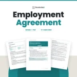 Employment Agreement template by Standardize It: the first page with the how-to-use steps in front of the parties, duties, hours and pay page and the ending employment page. Word + PDF, 13 versions.